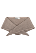 A beige knit triangle neck scarf shown flat against a white background. 
