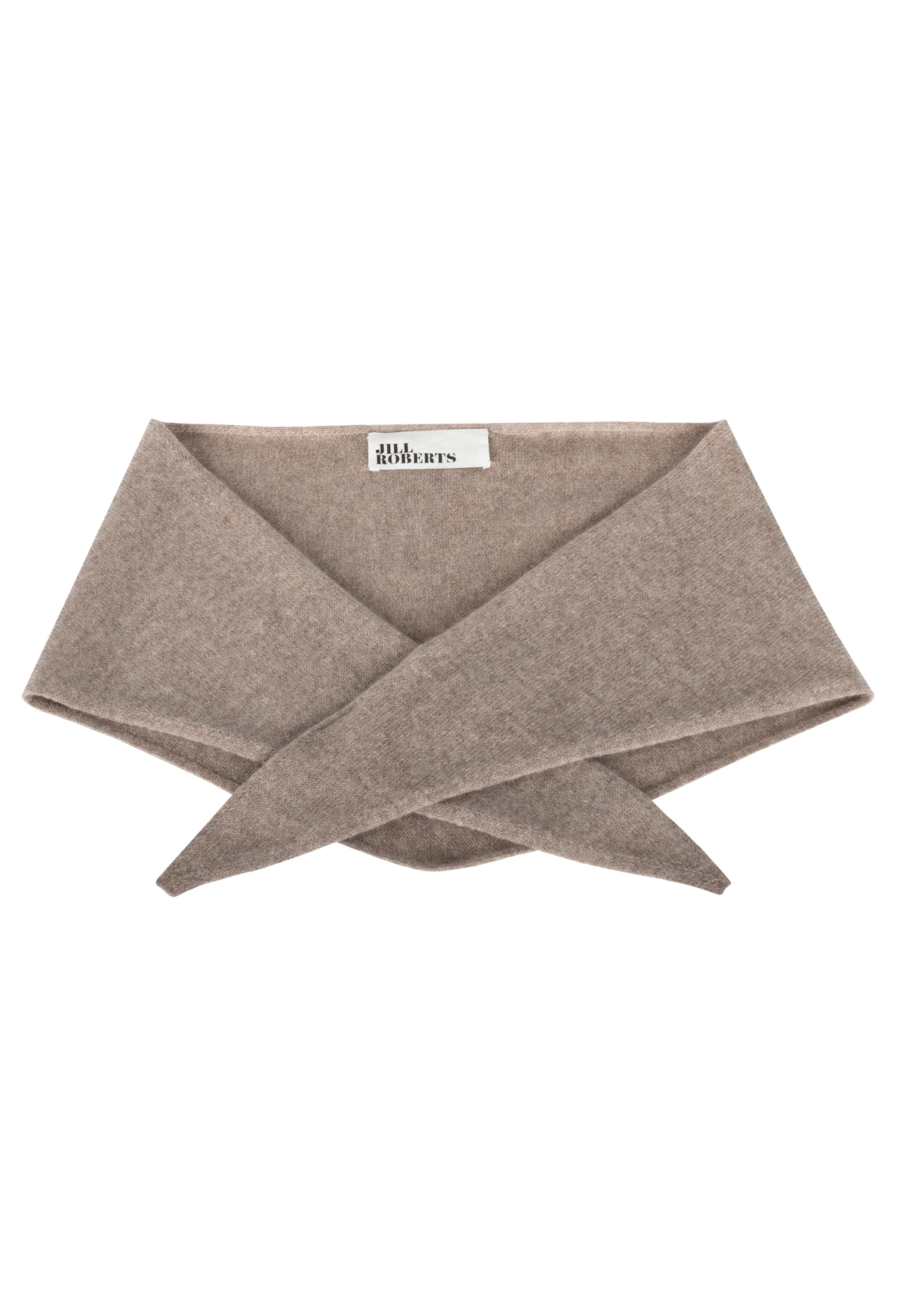 A beige knit triangle neck scarf shown flat against a white background. 