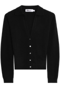 Black cardigan with button details on a white background