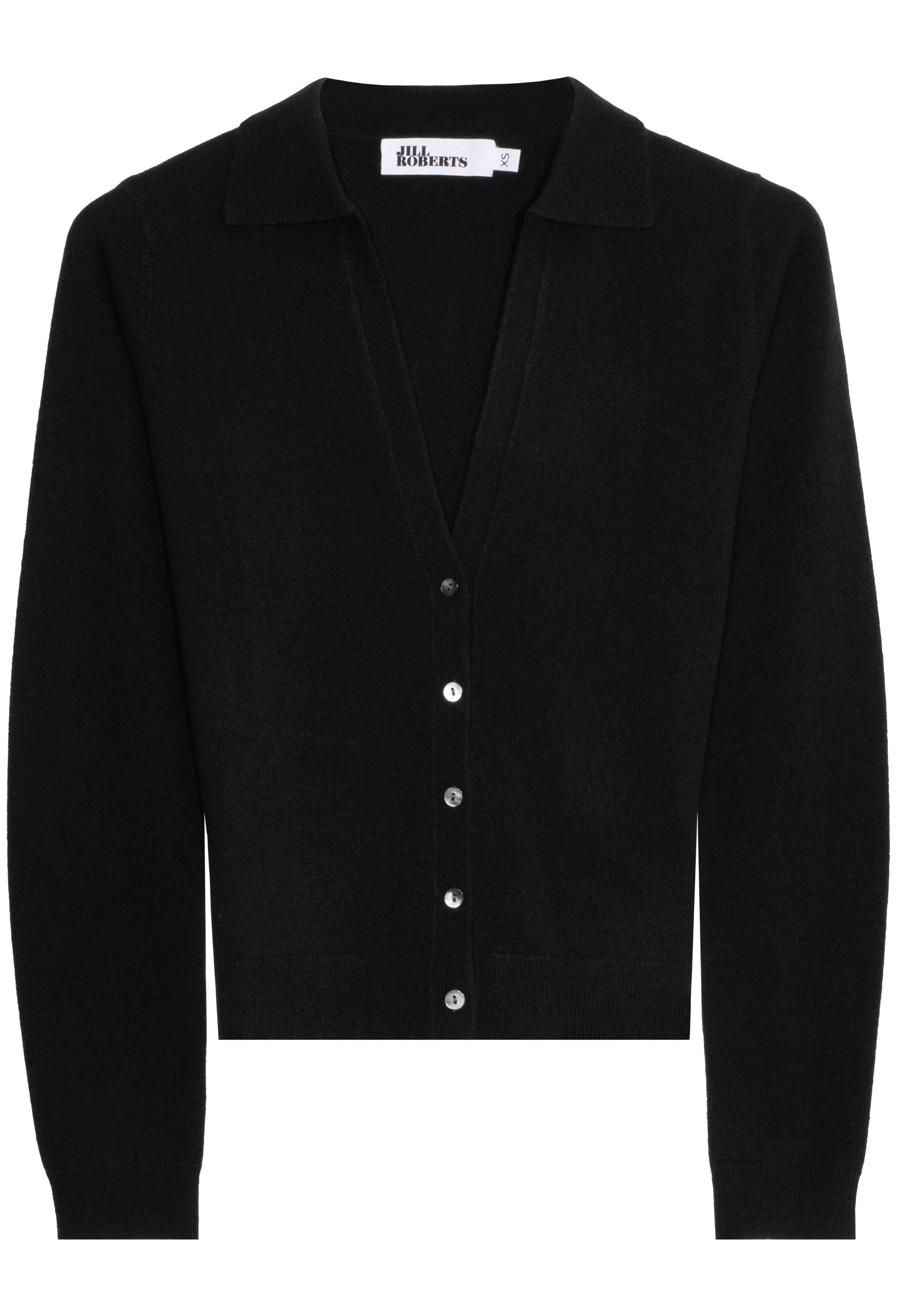 Black cardigan with button details on a white background