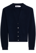 navy cardigan with silver buttons on a white background