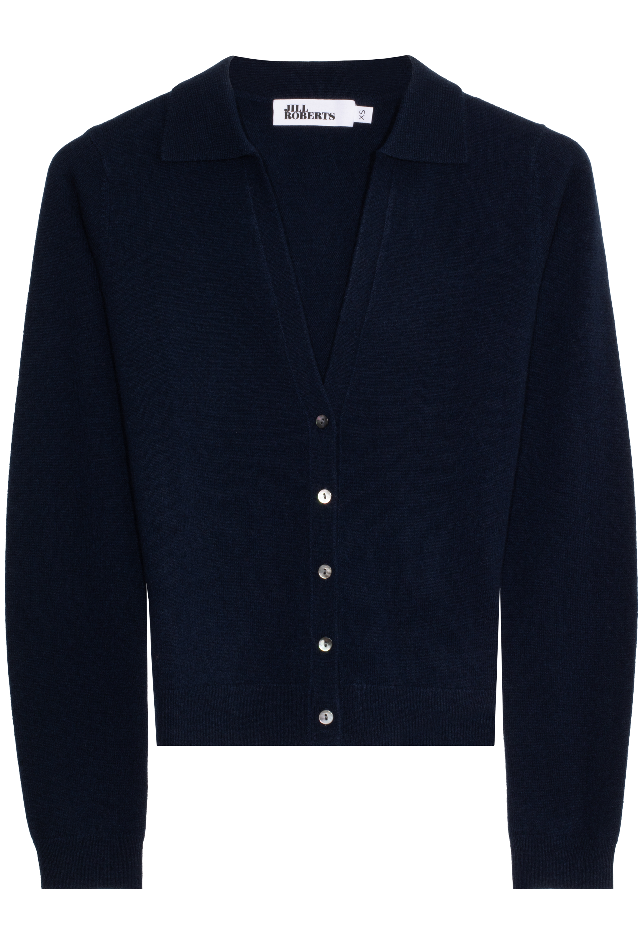navy cardigan with silver buttons on a white background
