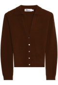 borwn cardigan with silver buttons on a white background