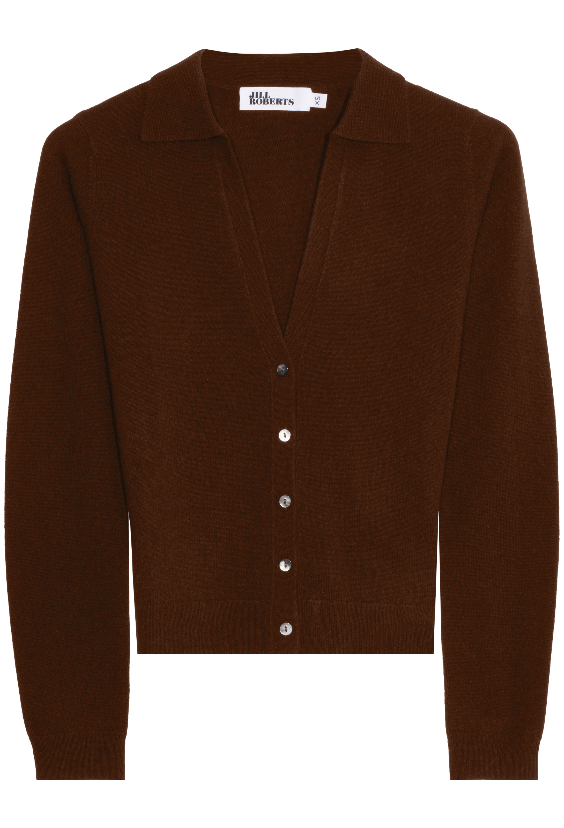borwn cardigan with silver buttons on a white background