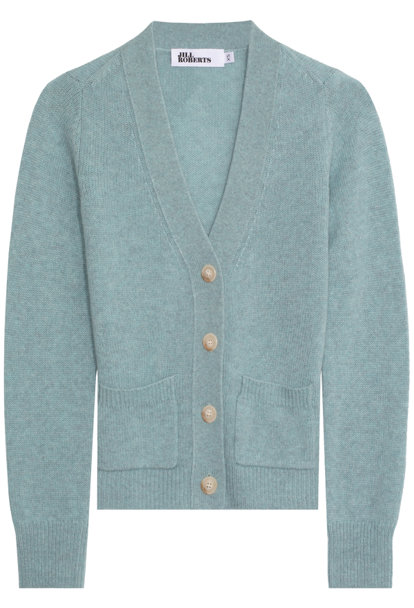 Light blue cardigan with buttons on a white background