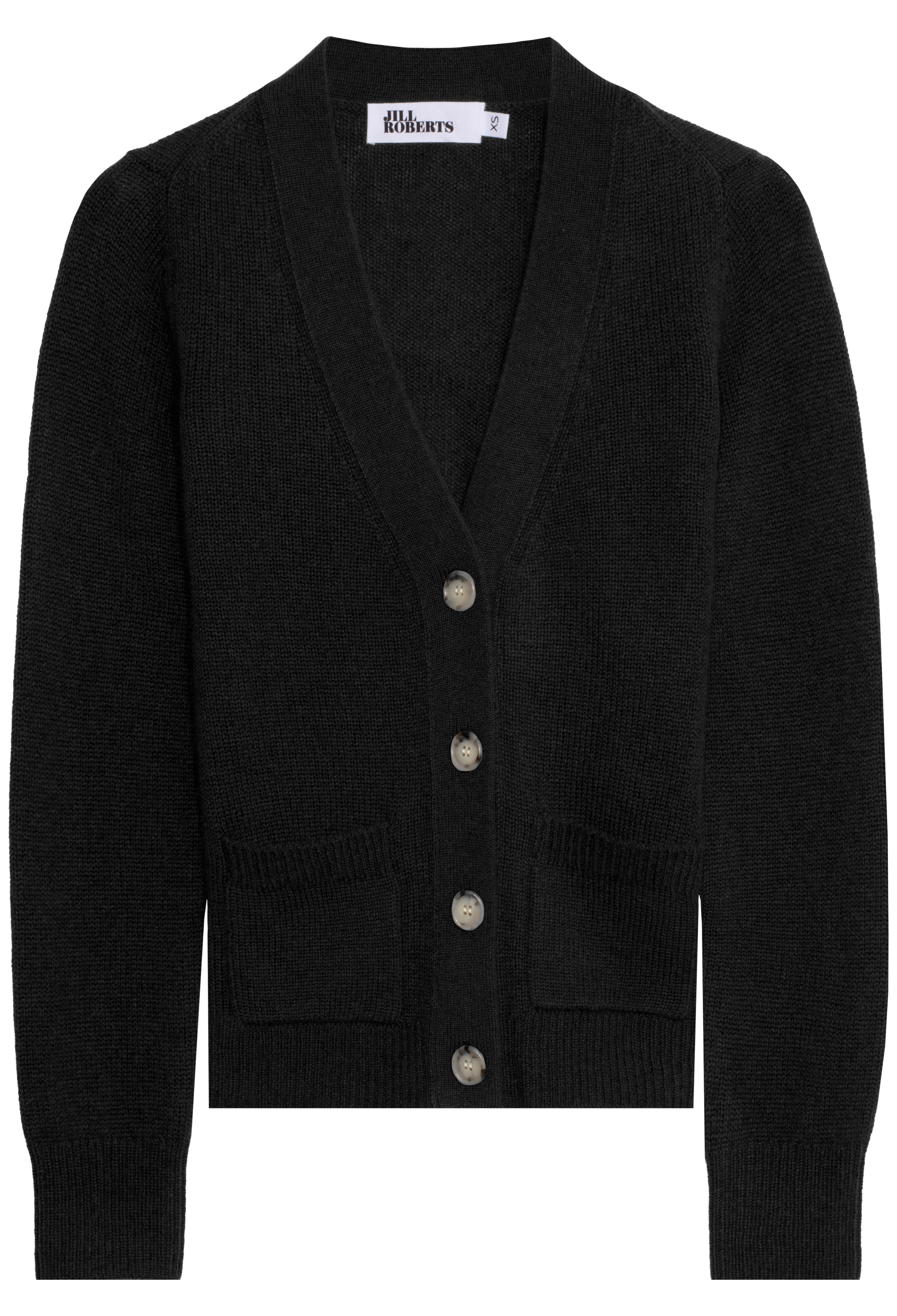 Black cardigan with button details on a white background