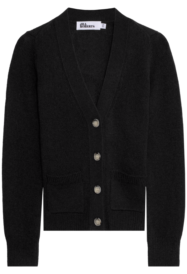 Black cardigan with button details on a white background