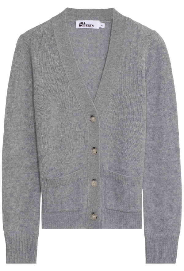 Gray cardigan with button details on a white background