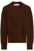 Brown cardigan with button details on a white background