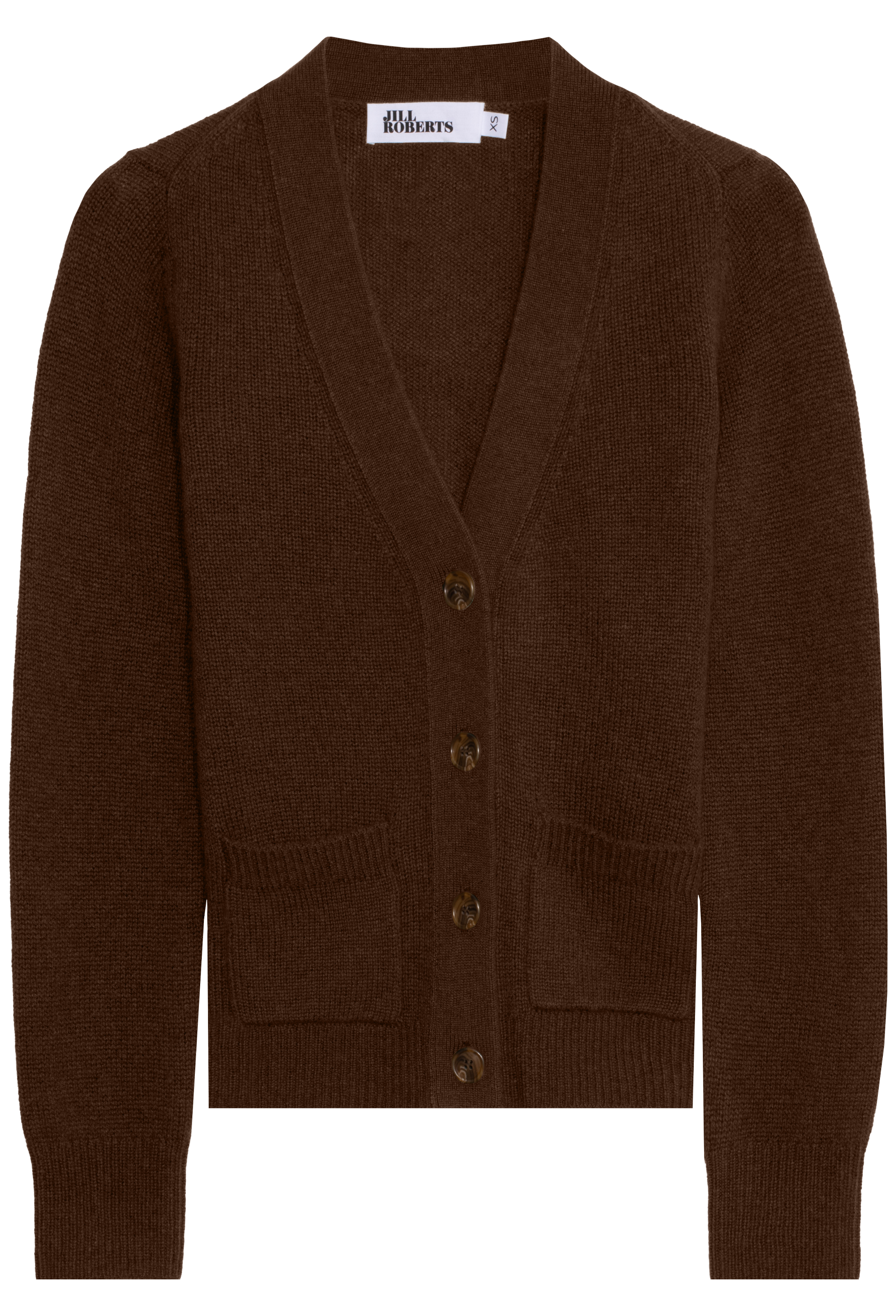Brown cardigan with button details on a white background