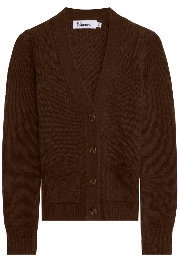Brown cardigan with button details on a white background