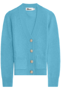 blue v-neck cardigan with pockets on a white background