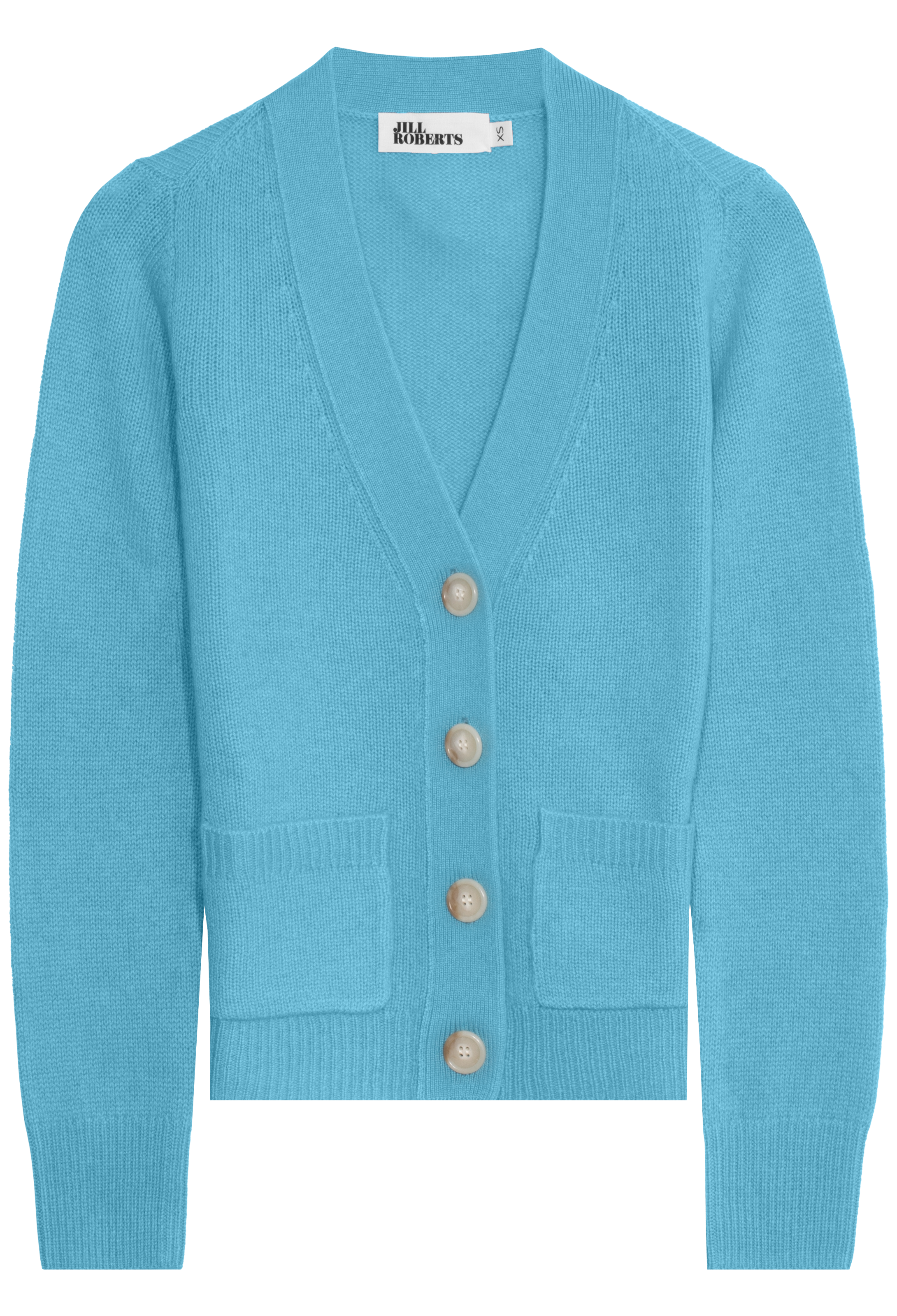 blue v-neck cardigan with pockets on a white background