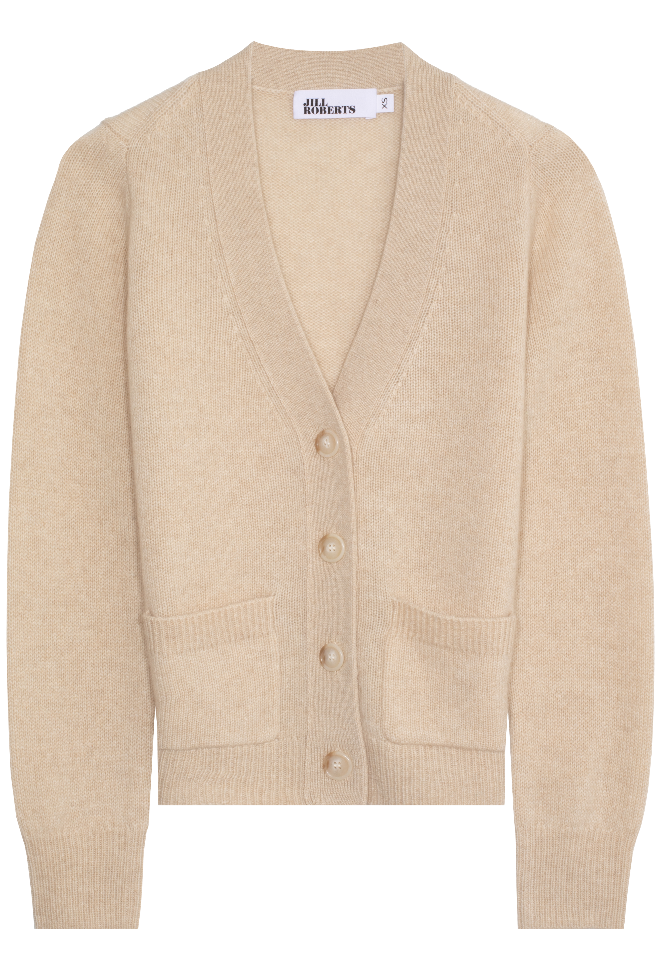Beige cardigan with button details on a white background