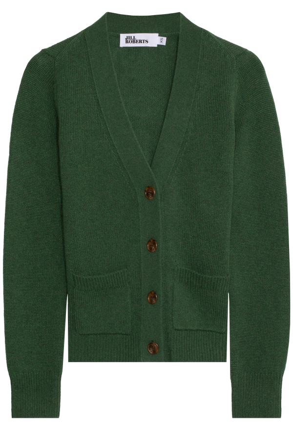 Green cardigan with brown buttons on a white background