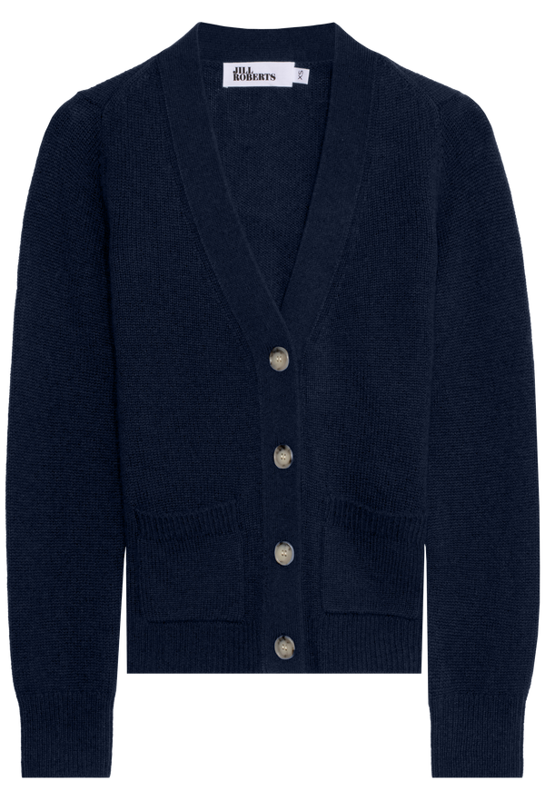 Navy blue cardigan with buttons on a white background