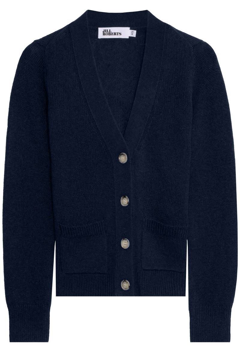 Navy blue cardigan with buttons on a white background