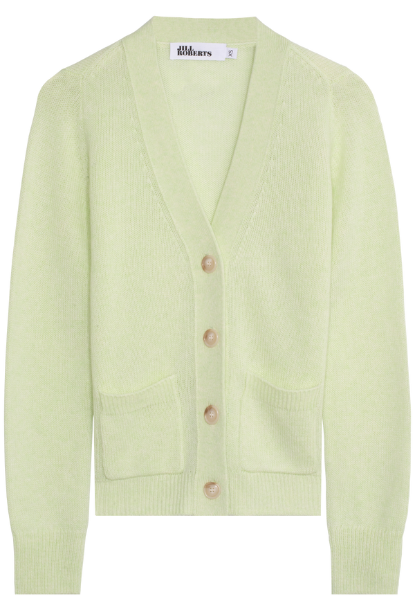 Light green cardigan with buttons on a white background