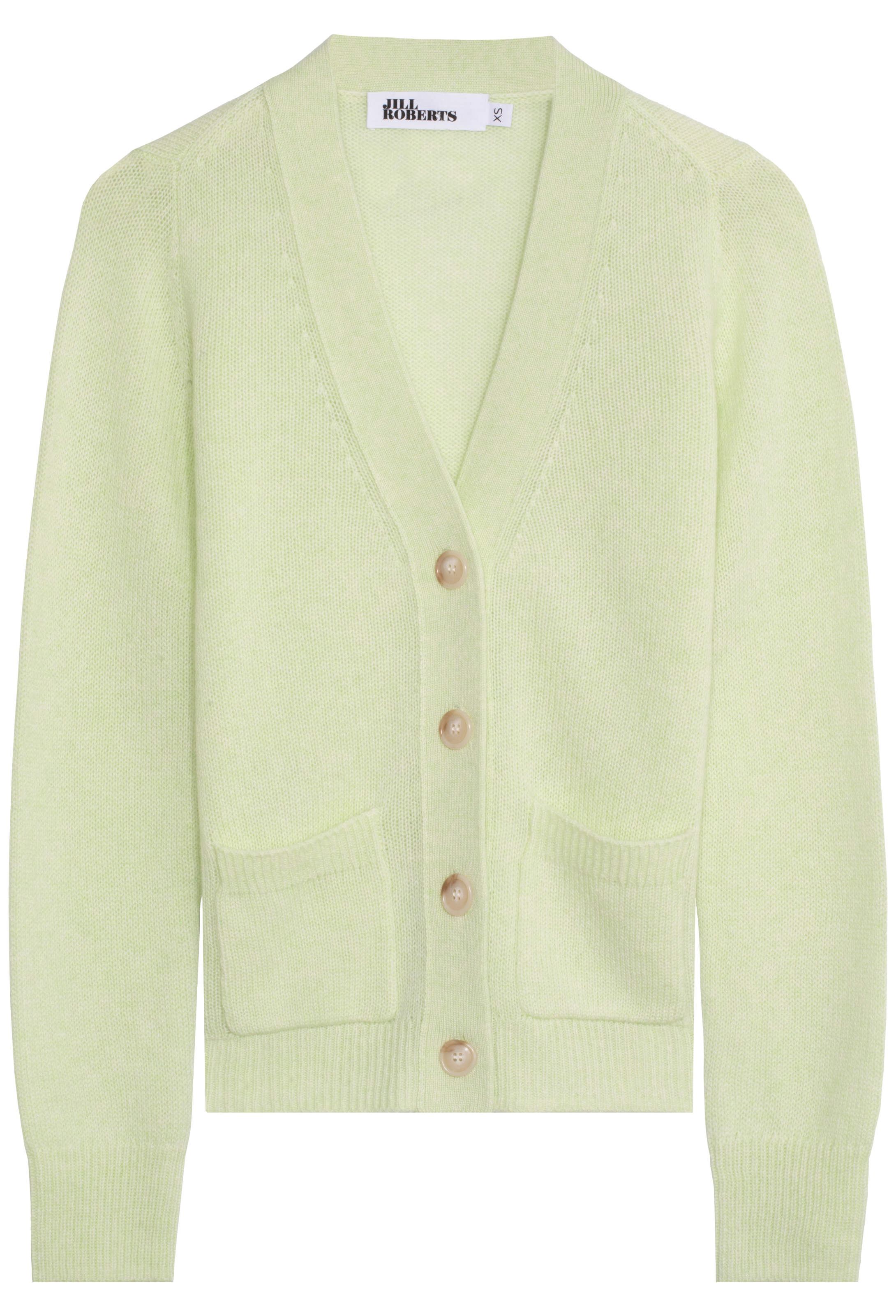 Light green cardigan with buttons on a white background