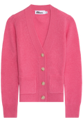 Pink cardigan with button details on a white background