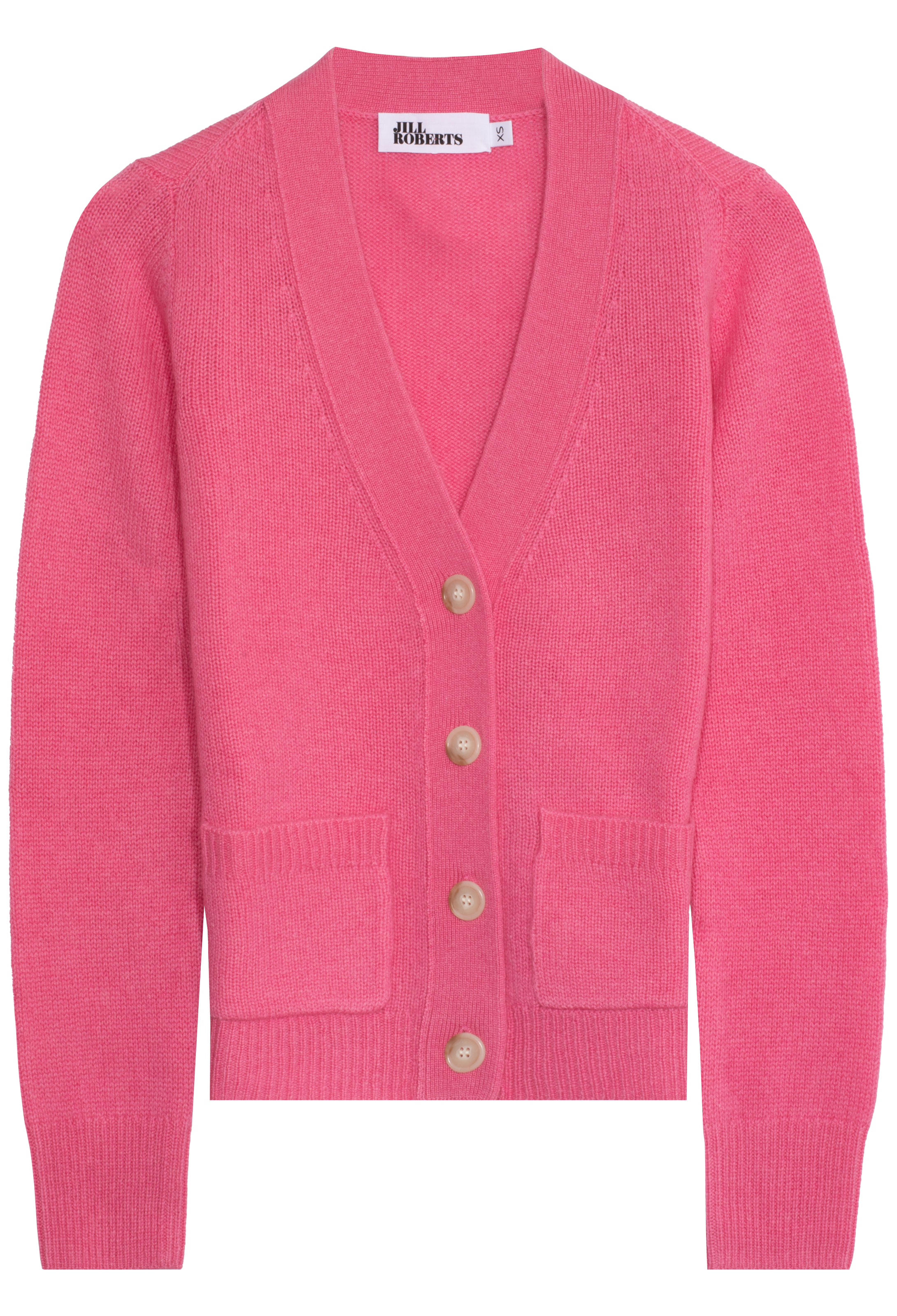 Pink cardigan with button details on a white background