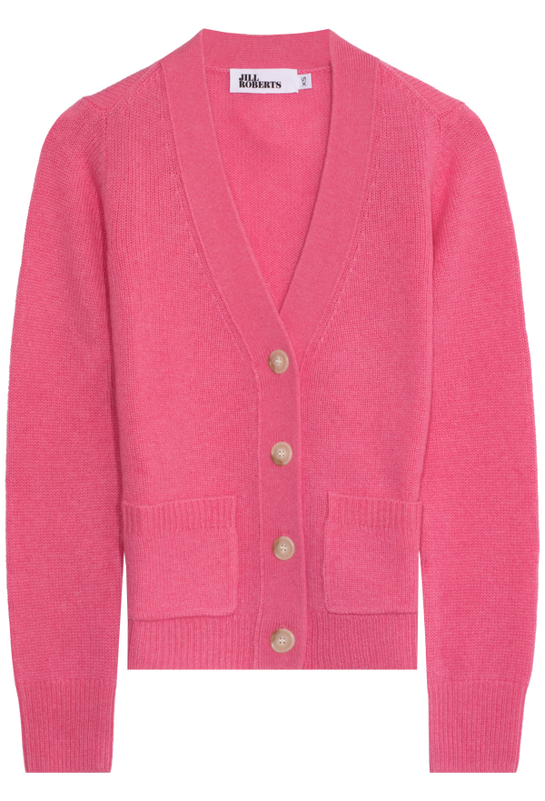 Pink cardigan with button details on a white background