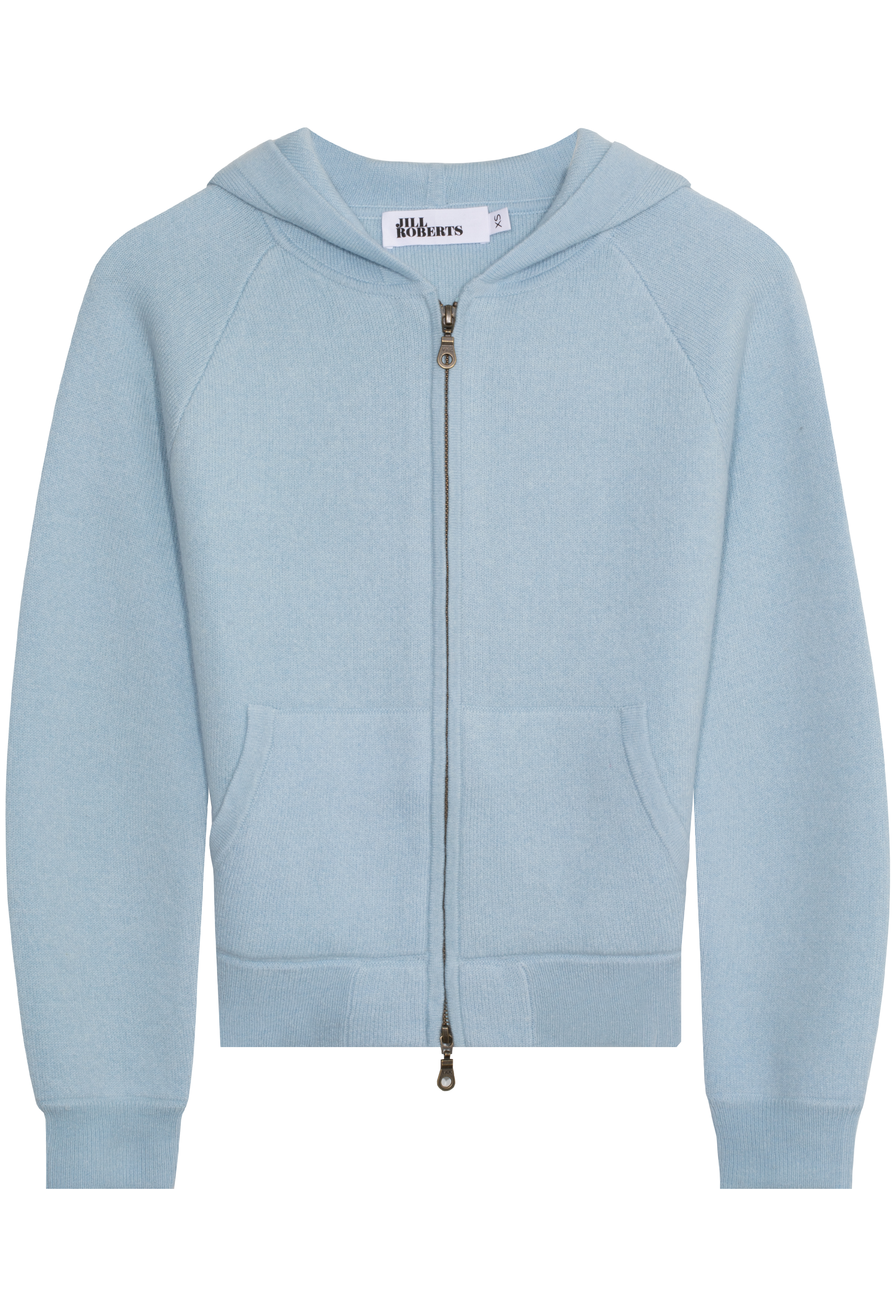 Light blue hoodie with a zipper on a white background