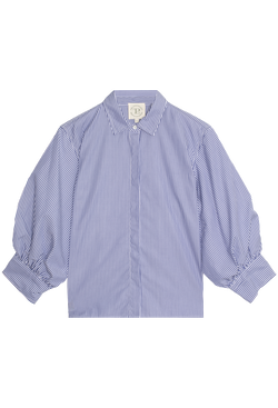 a striped button down shirt with puff sleeves on a white background