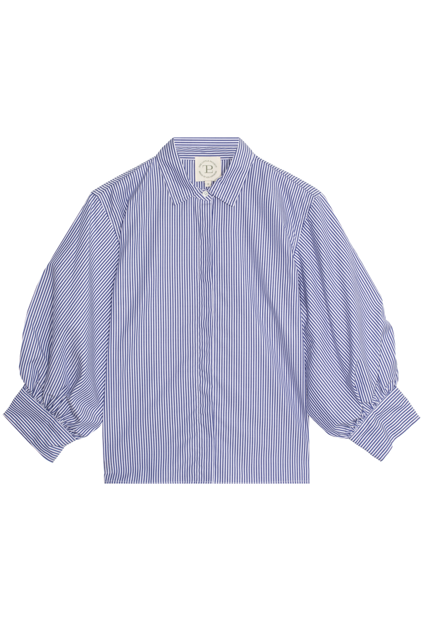 a striped button down shirt with puff sleeves on a white background
