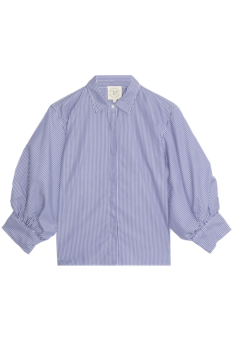 a striped button down shirt with puff sleeves on a white background