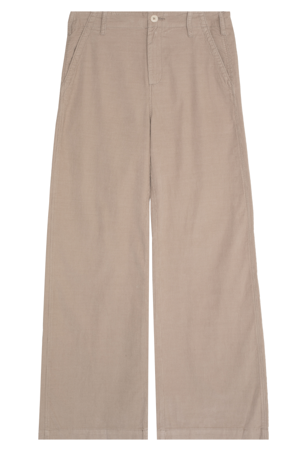a pair of beige wide leg pants on a white background