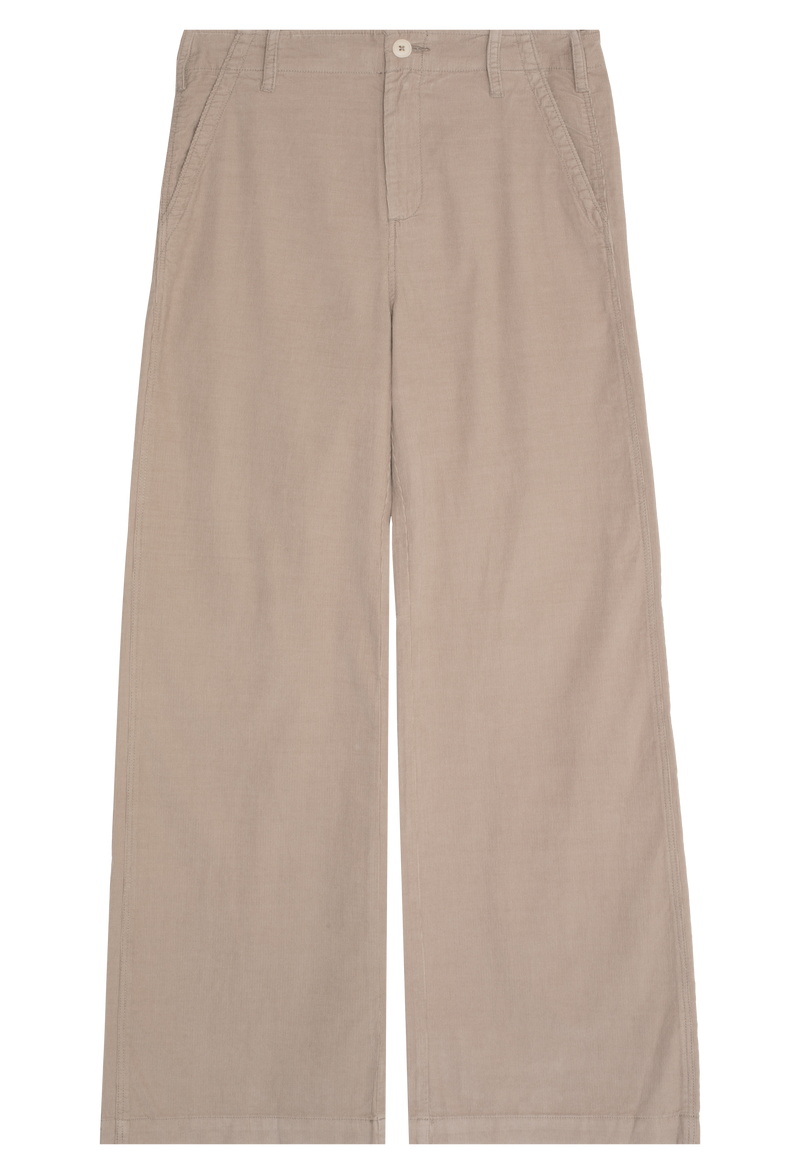 a pair of beige wide leg pants on a white background