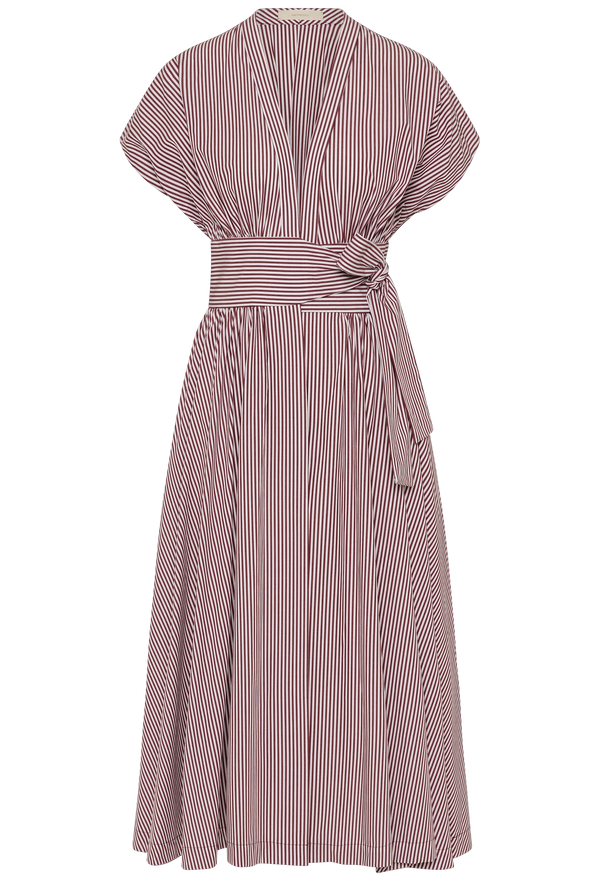 a burgundy stripe midi dress with a belted waist. white background