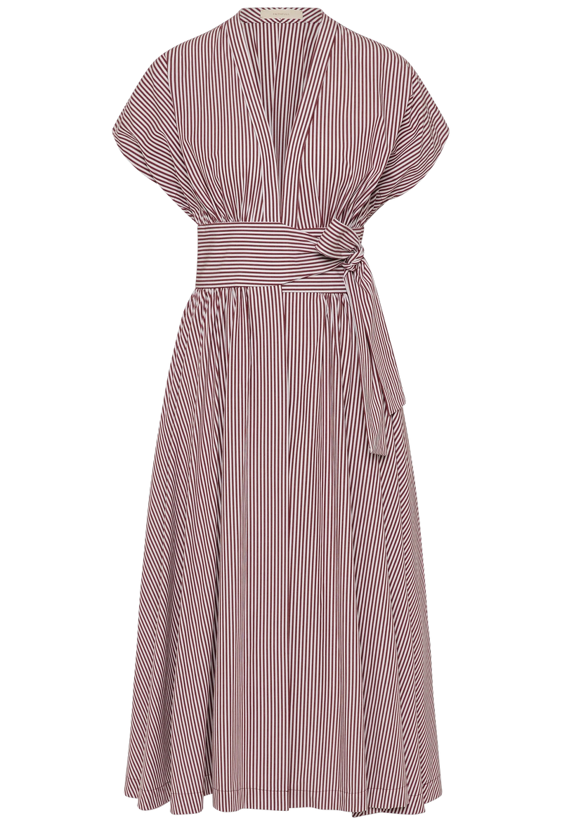 a burgundy stripe midi dress with a belted waist. white background