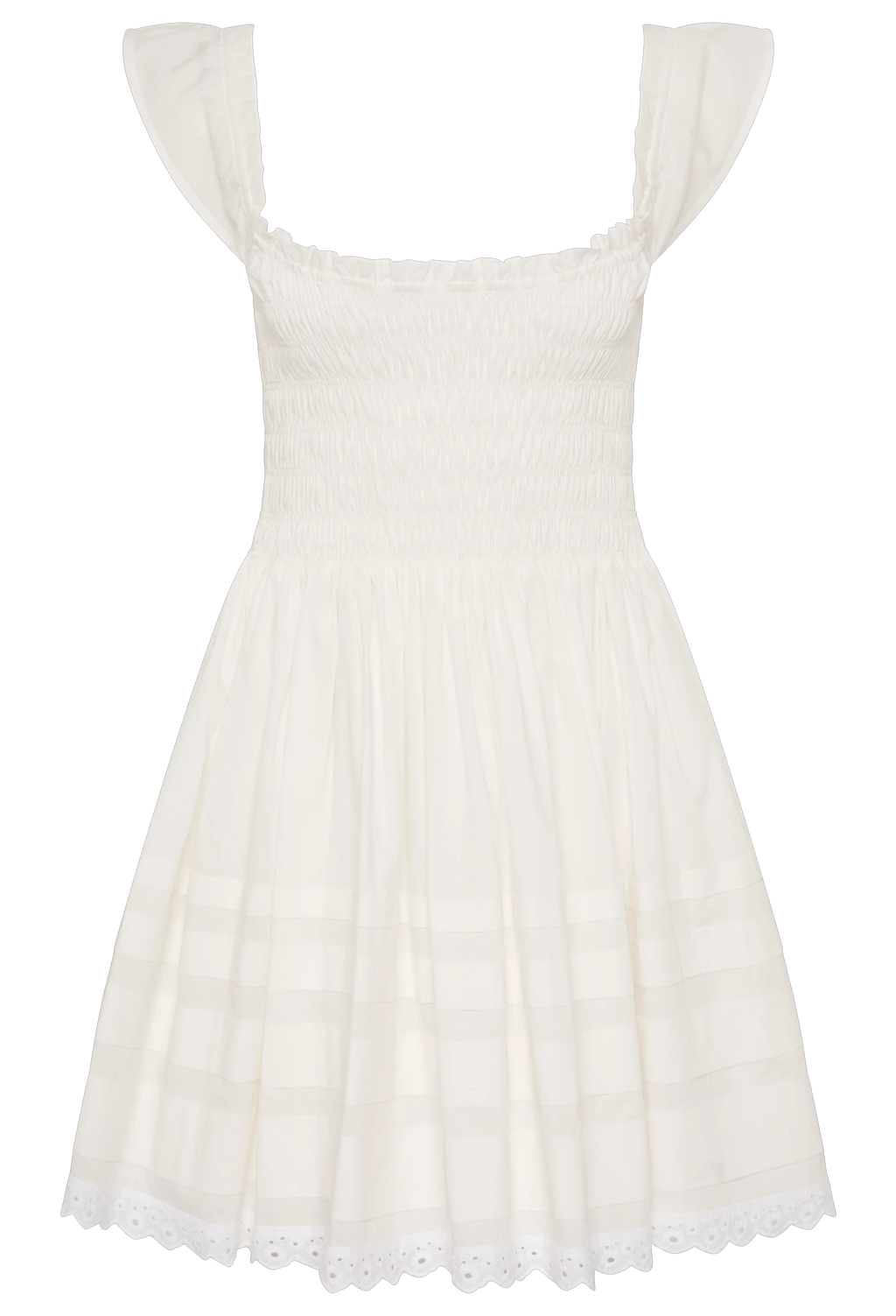 a white mini dress with a shirred bodice and cap sleeves. white background
