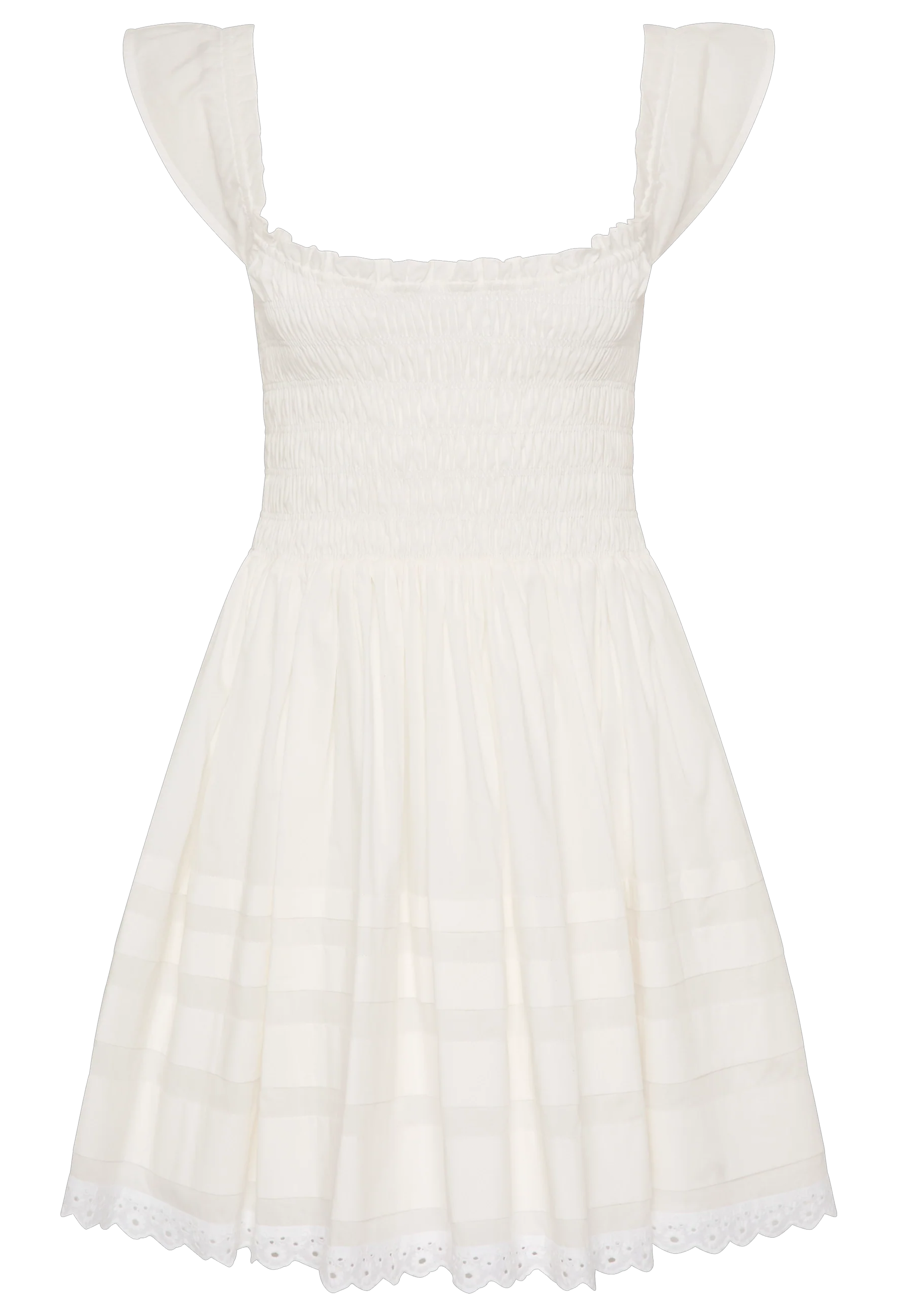 a white mini dress with a shirred bodice and cap sleeves. white background