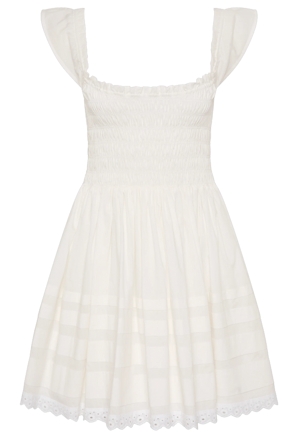 a white mini dress with a shirred bodice and cap sleeves. white background