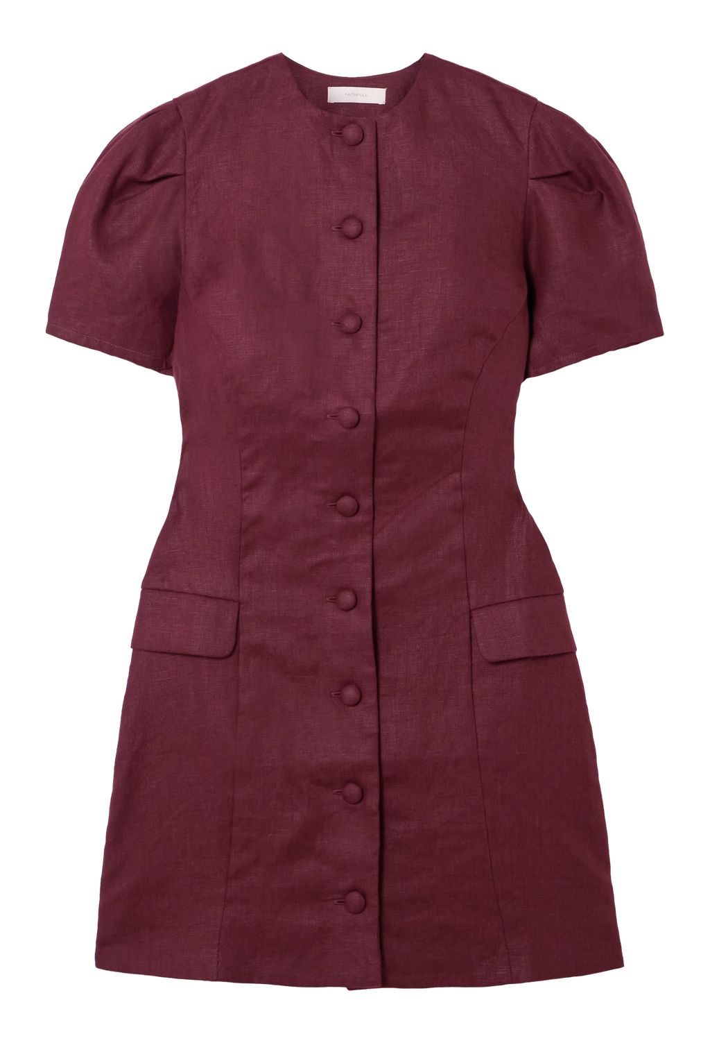 a burgundy short sleeve mini dress with flap pockets and covered buttons. white background.