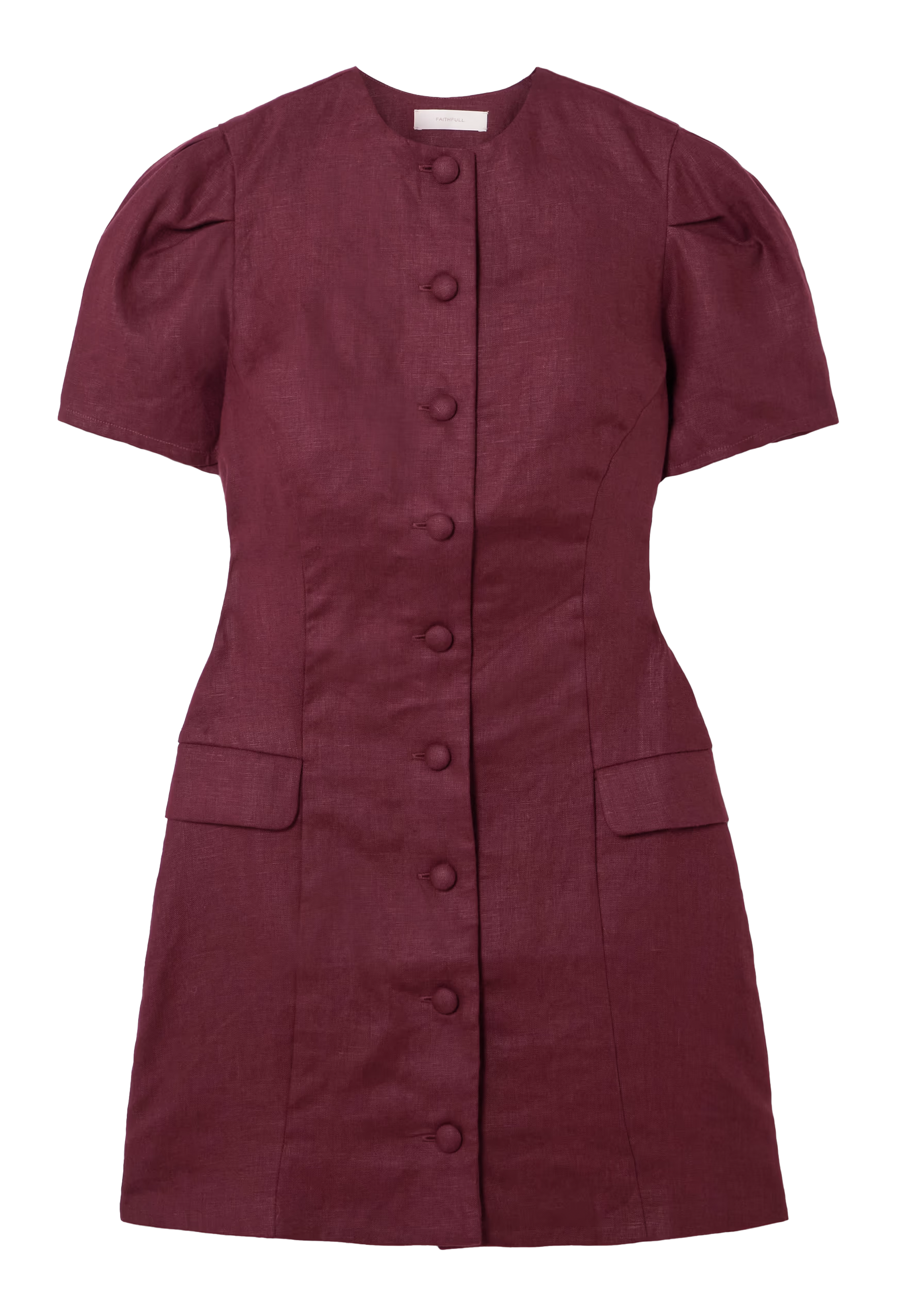 a burgundy short sleeve mini dress with flap pockets and covered buttons. white background.