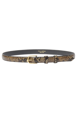 Snake print belt with gold buckle on a white background