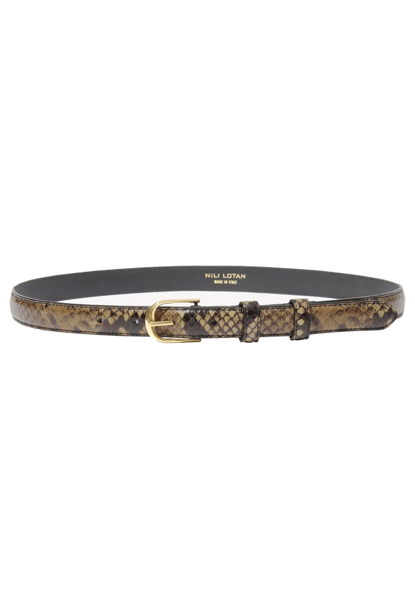 Snake print belt with gold buckle on a white background