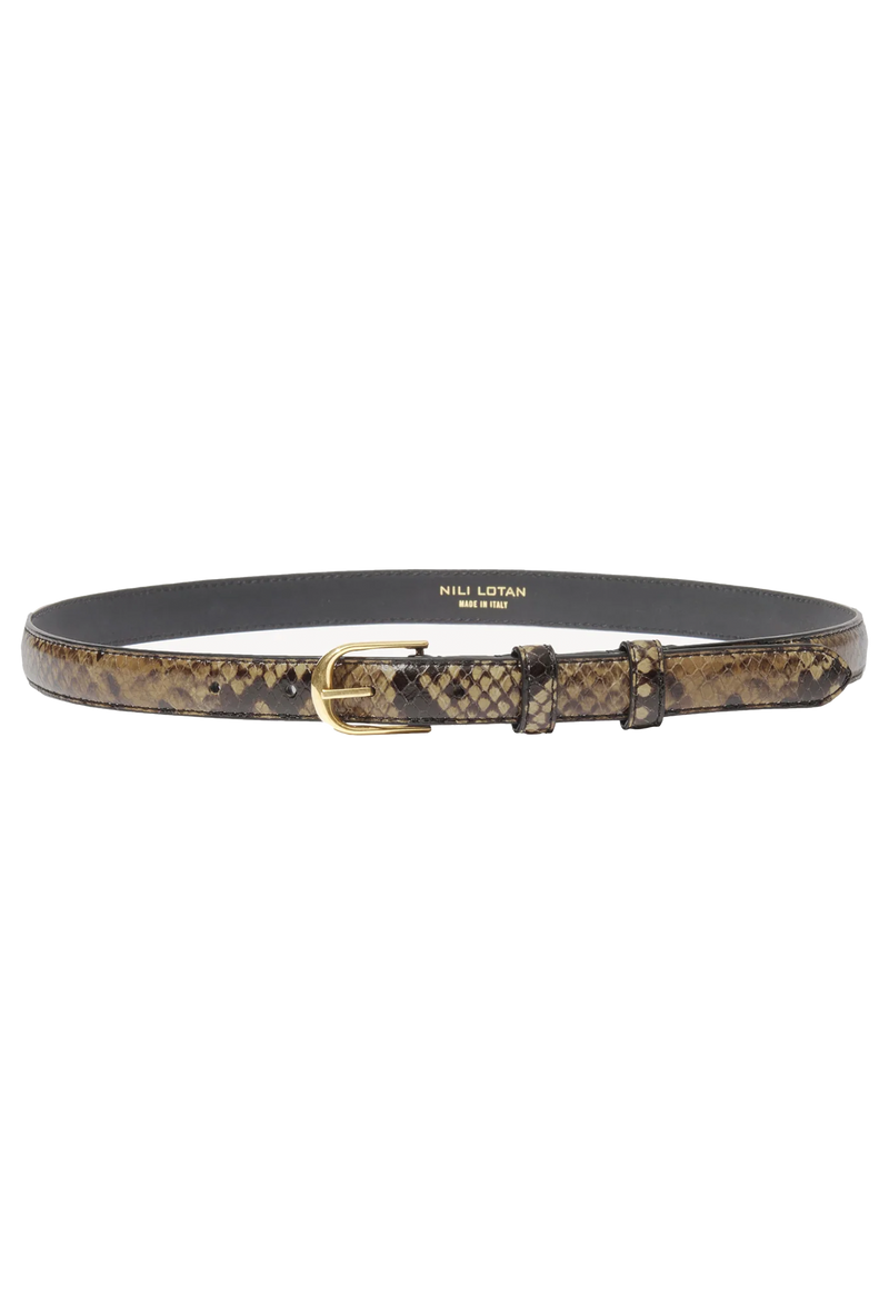 Snake print belt with gold buckle on a white background