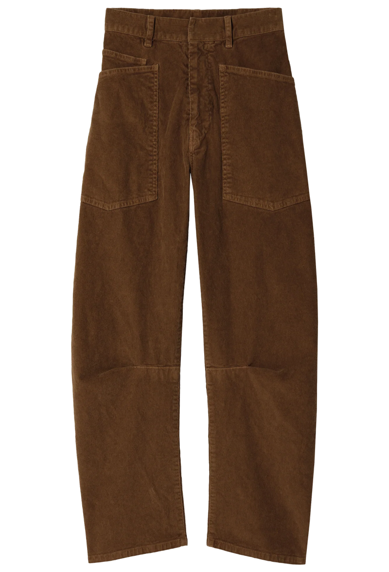 Brown corduroy pants on a white background