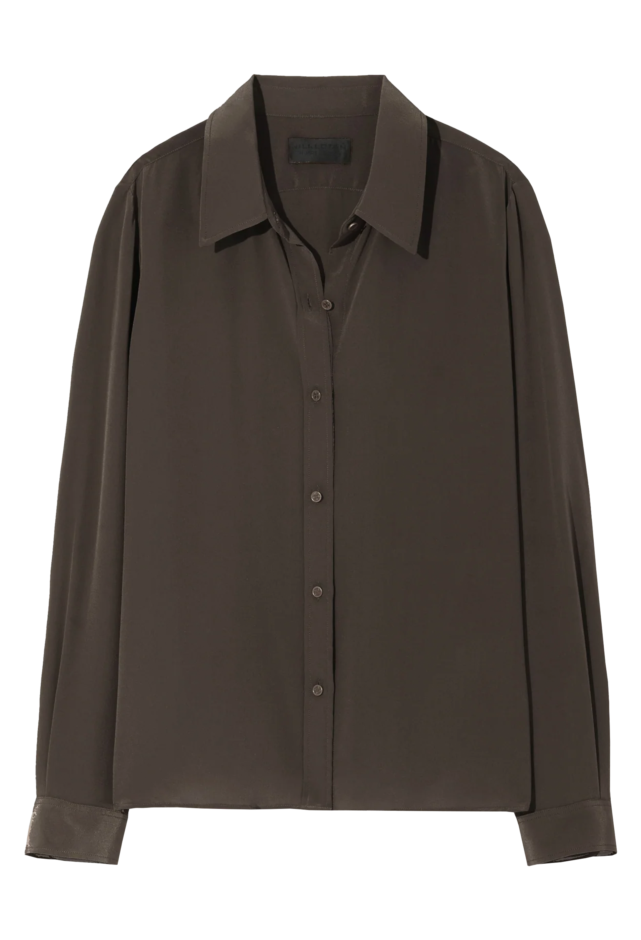 Brown button down shirt on a white background