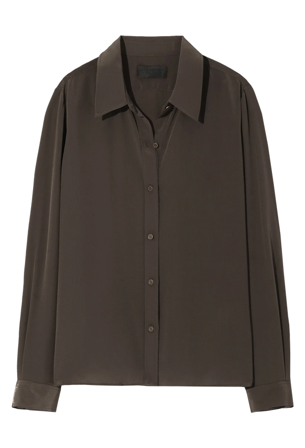 Brown button down shirt on a white background