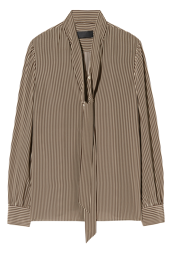 Striped shirt with a tie detail on a white background