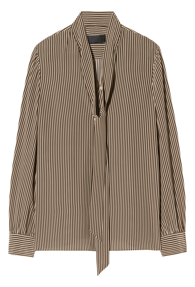 Striped shirt with a tie detail on a white background