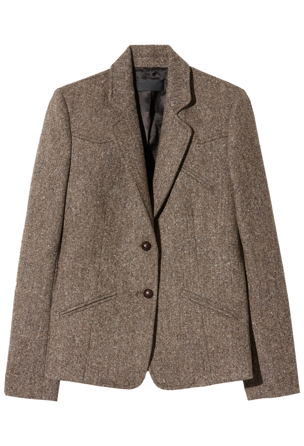 Brown blazer with two buttons on a white background