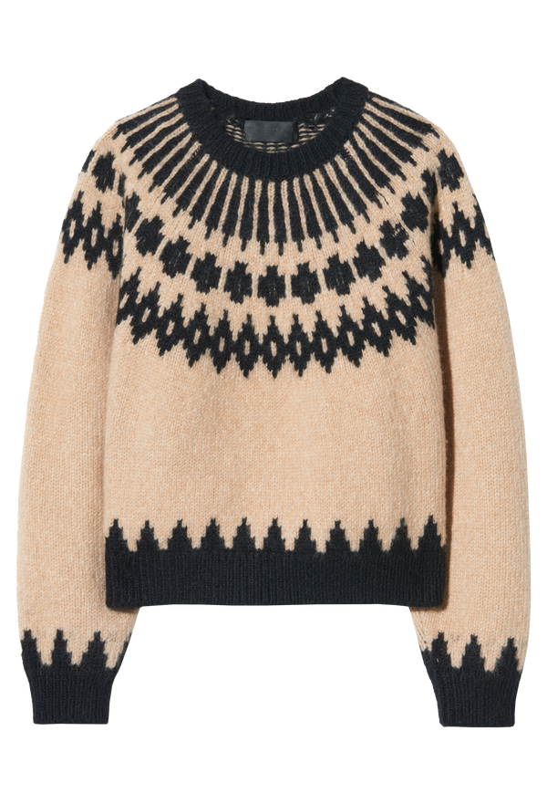 Beige sweater with black fair isle pattern on a white background