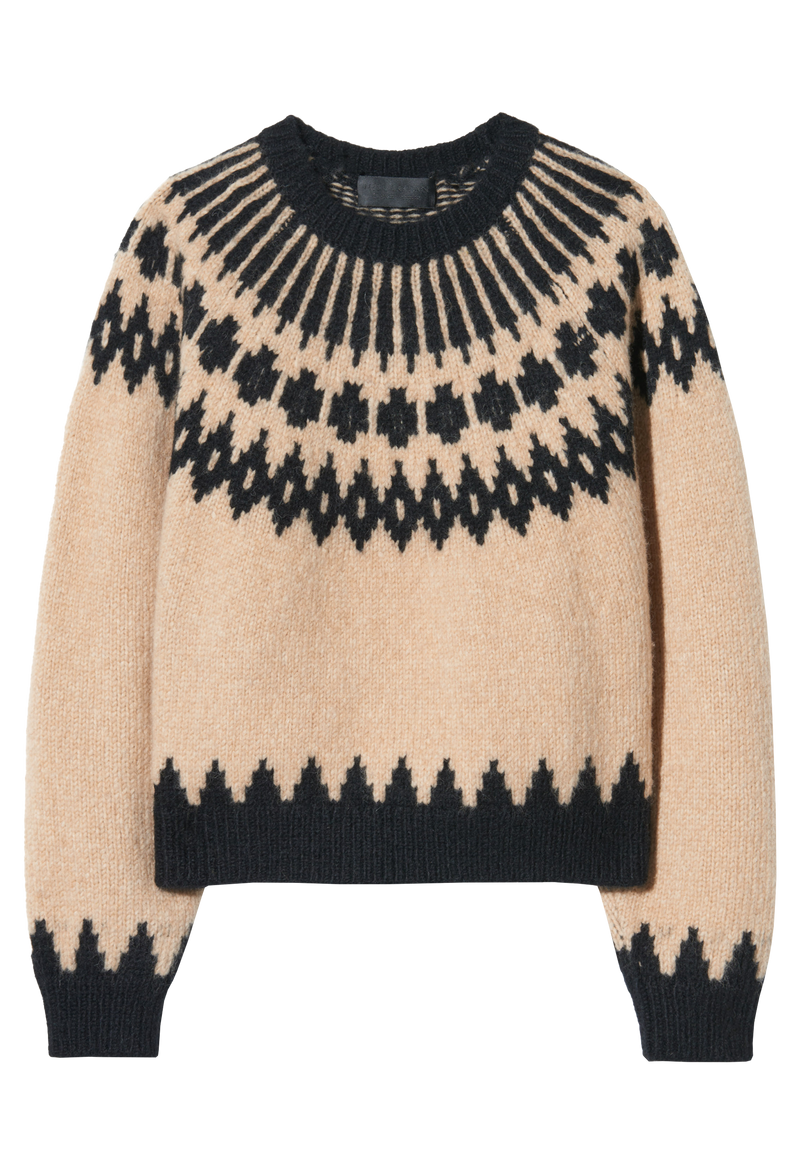 Beige sweater with black fair isle pattern on a white background